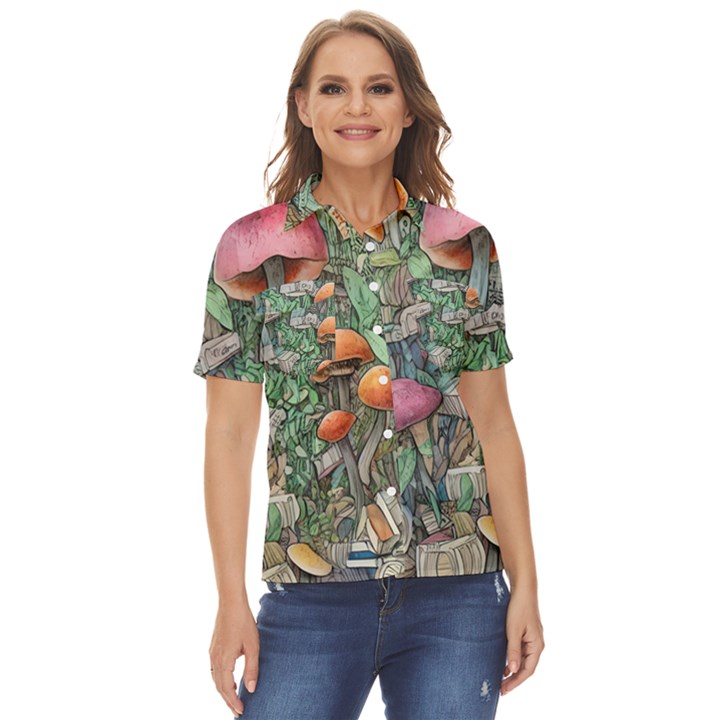 Mushroom Mojo For All Your Magic Spells Women s Short Sleeve Double Pocket Shirt