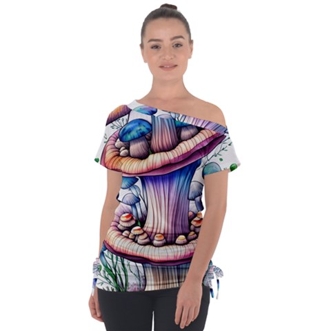 Charming Toadstool Off Shoulder Tie-up Tee by GardenOfOphir