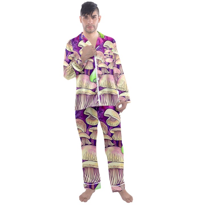 Glamourous Mushrooms For Enchantment And Spellwork Men s Long Sleeve Satin Pajamas Set