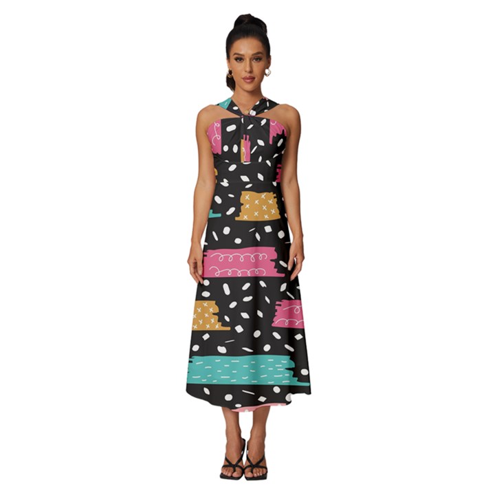 Arts Pattern Design Wallpaper Background Print Sleeveless Cross Front Cocktail Midi Chiffon Dress