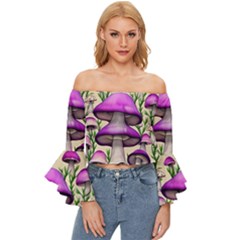 Black Magic Mushroom For Voodoo And Witchcraft Off Shoulder Flutter Bell Sleeve Top