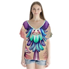 Psychedelic Mushroom For Sorcery And Theurgy V-neck Flutter Sleeve Top by GardenOfOphir