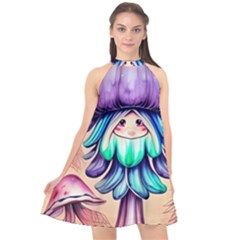 Psychedelic Mushroom For Sorcery And Theurgy Halter Neckline Chiffon Dress  by GardenOfOphir