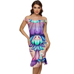 Psychedelic Mushroom For Sorcery And Theurgy Off Shoulder Ruffle Split Hem Bodycon Dress by GardenOfOphir