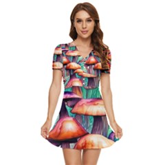 Charming Toadstool V-neck High Waist Chiffon Mini Dress by GardenOfOphir