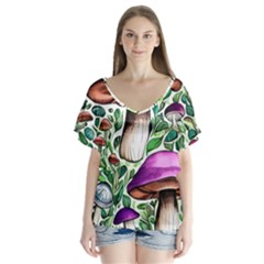 Magician s Conjuration Mushroom V-neck Flutter Sleeve Top by GardenOfOphir