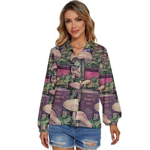 Spellbinding Mojo Mushroom Women s Long Sleeve Button Down Shirt by GardenOfOphir