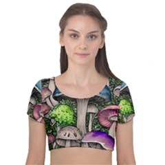 Necromancy Of The Mushroom Velvet Short Sleeve Crop Top  by GardenOfOphir