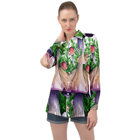 Conjuring Charm Of The Mushrooms Long Sleeve Satin Shirt by GardenOfOphir