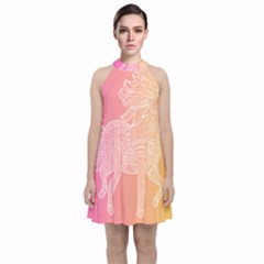 Unicorm Orange And Pink Velvet Halter Neckline Dress 