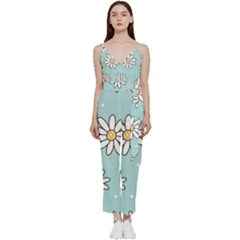 Art Floral Pattern Design Wallpaper Background V-neck Spaghetti Strap Tie Front Jumpsuit by Ravend