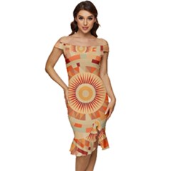 Ai Generated Retro Geometric Pattern Decor Pattern Off Shoulder Ruffle Split Hem Bodycon Dress by Ravend