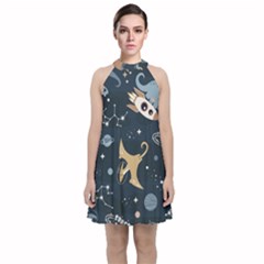 Space Theme Art Pattern Design Wallpaper Velvet Halter Neckline Dress 