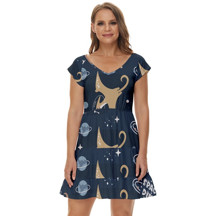 Space Theme Art Pattern Design Wallpaper Short Sleeve Tiered Mini Dress