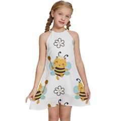 Art Bee Pattern Design Wallpaper Background Kids  Halter Collar Waist Tie Chiffon Dress by Ravend