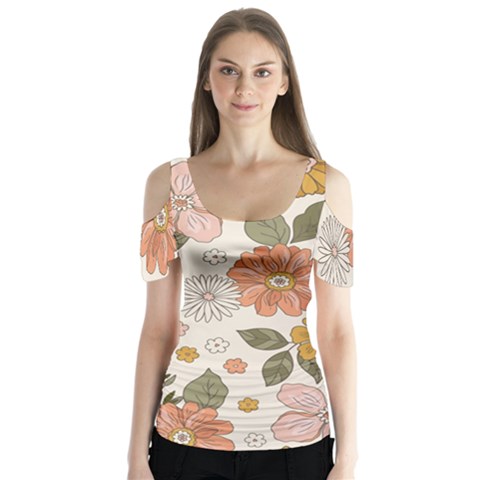 Flower Petals Plants Floral Print Pattern Design Butterfly Sleeve Cutout Tee  by Ravend