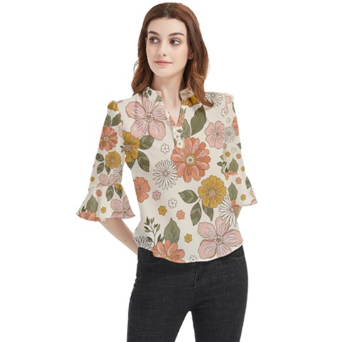 Flower Petals Plants Floral Print Pattern Design Loose Horn Sleeve Chiffon Blouse by Ravend