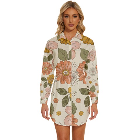 Flower Petals Plants Floral Print Pattern Design Womens Long Sleeve Shirt Dress by Ravend