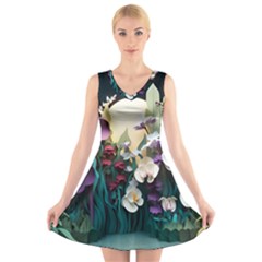 Ai Generated Flower Orchids Bloom Flora Nature V-neck Sleeveless Dress by Ravend