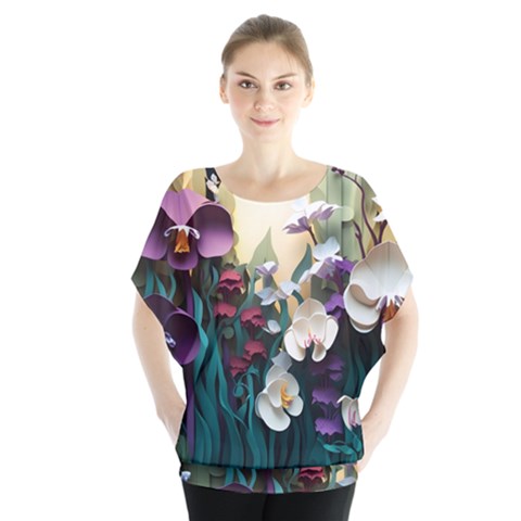 Ai Generated Flower Orchids Bloom Flora Nature Batwing Chiffon Blouse by Ravend