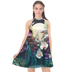 Ai Generated Flower Orchids Bloom Flora Nature Halter Neckline Chiffon Dress  by Ravend