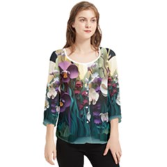 Ai Generated Flower Orchids Bloom Flora Nature Chiffon Quarter Sleeve Blouse by Ravend