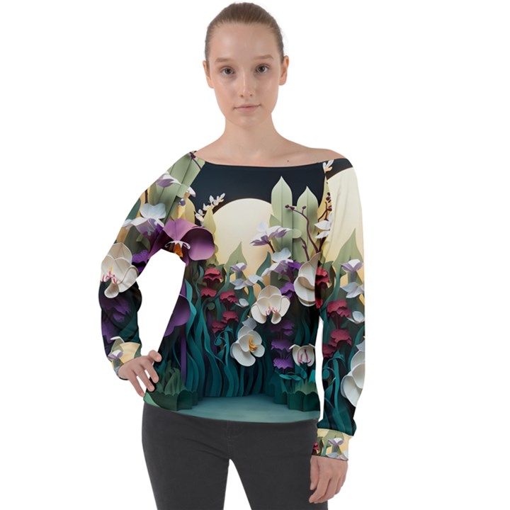 Ai Generated Flower Orchids Bloom Flora Nature Off Shoulder Long Sleeve Velour Top