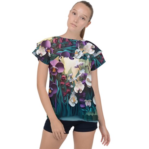 Ai Generated Flower Orchids Bloom Flora Nature Ruffle Collar Chiffon Blouse by Ravend