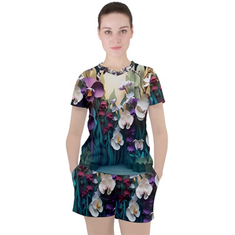 Ai Generated Flower Orchids Bloom Flora Nature Women s Tee And Shorts Set by Ravend