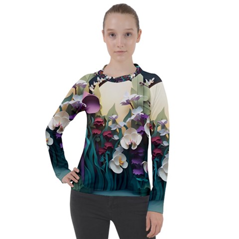 Ai Generated Flower Orchids Bloom Flora Nature Women s Pique Long Sleeve Tee by Ravend