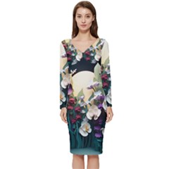 Ai Generated Flower Orchids Bloom Flora Nature Long Sleeve V-neck Bodycon Dress  by Ravend