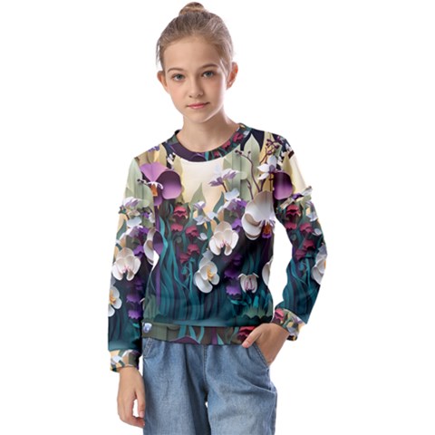 Ai Generated Flower Orchids Bloom Flora Nature Kids  Long Sleeve Tee With Frill  by Ravend