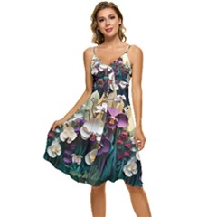 Ai Generated Flower Orchids Bloom Flora Nature Sleeveless Tie Front Chiffon Dress by Ravend