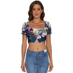 Ai Generated Flower Orchids Bloom Flora Nature Short Sleeve Square Neckline Crop Top  by Ravend