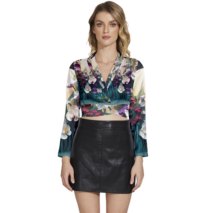 Ai Generated Flower Orchids Bloom Flora Nature Long Sleeve Tie Back Satin Wrap Top