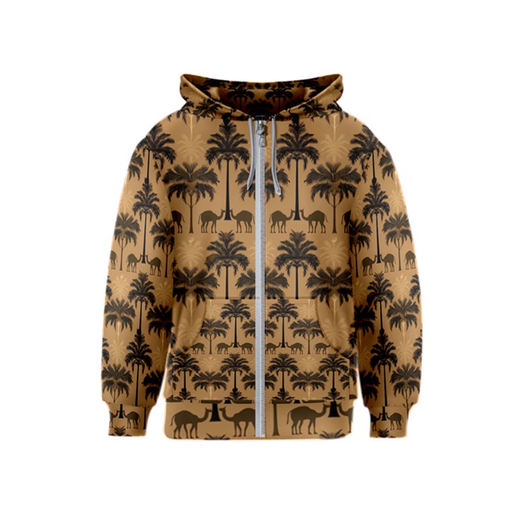 Ai Generated Camels Palm Trees Pattern Kids  Zipper Hoodie