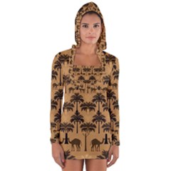 Ai Generated Camels Palm Trees Pattern Long Sleeve Hooded T-shirt by Ravend