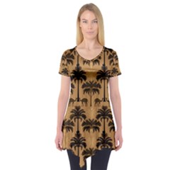 Ai Generated Camels Palm Trees Pattern Short Sleeve Tunic  by Ravend