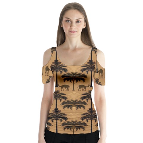 Ai Generated Camels Palm Trees Pattern Butterfly Sleeve Cutout Tee  by Ravend