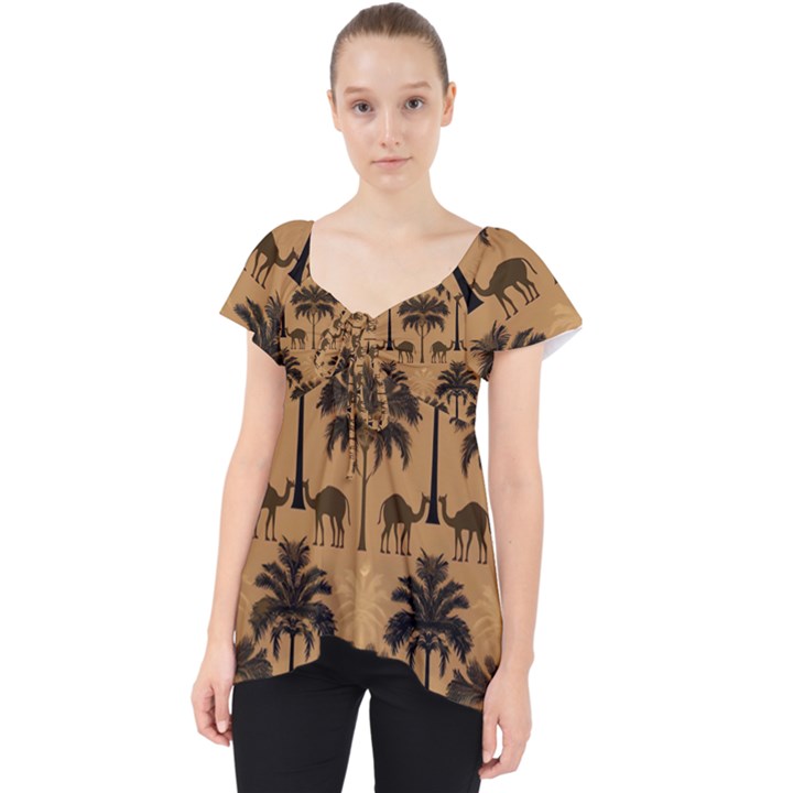 Ai Generated Camels Palm Trees Pattern Lace Front Dolly Top