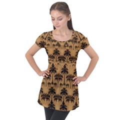 Ai Generated Camels Palm Trees Pattern Puff Sleeve Tunic Top by Ravend