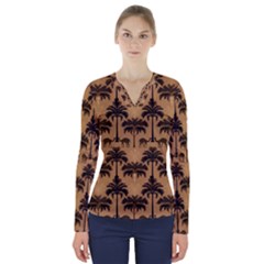 Ai Generated Camels Palm Trees Pattern V-neck Long Sleeve Top by Ravend