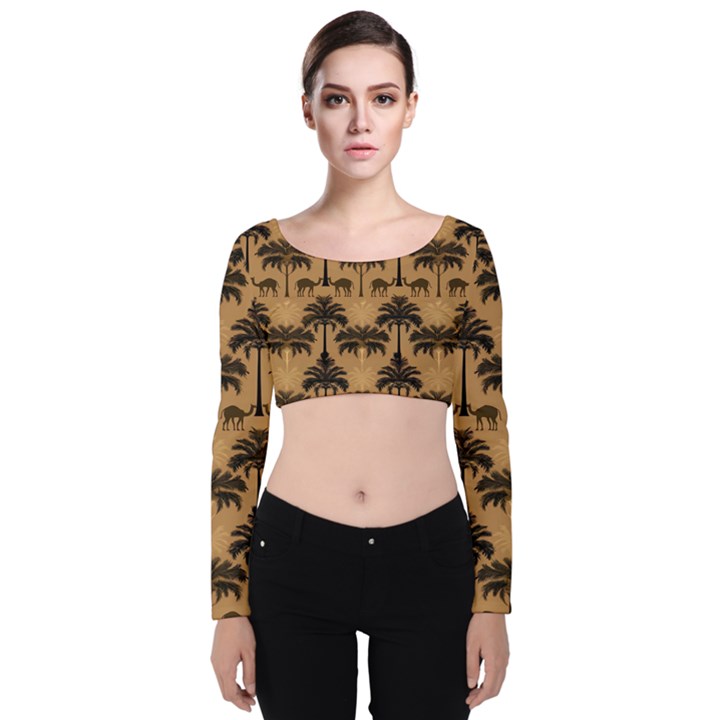 Ai Generated Camels Palm Trees Pattern Velvet Long Sleeve Crop Top