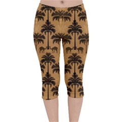 Ai Generated Camels Palm Trees Pattern Velvet Capri Leggings  by Ravend