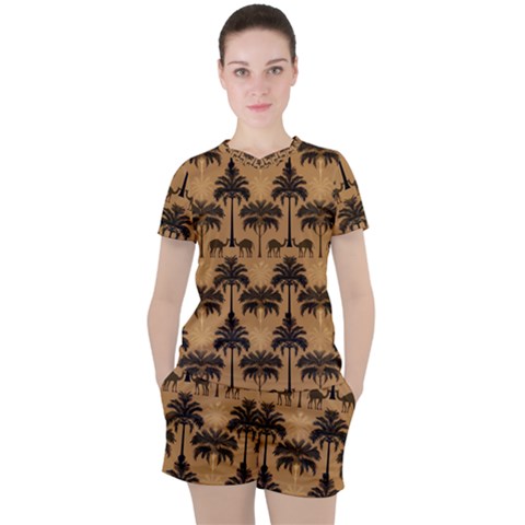 Ai Generated Camels Palm Trees Pattern Women s Tee And Shorts Set by Ravend