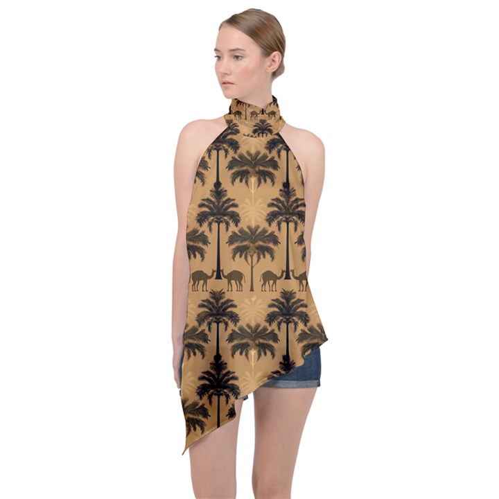 Ai Generated Camels Palm Trees Pattern Halter Asymmetric Satin Top