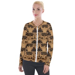 Ai Generated Camels Palm Trees Pattern Velvet Zip Up Jacket by Ravend