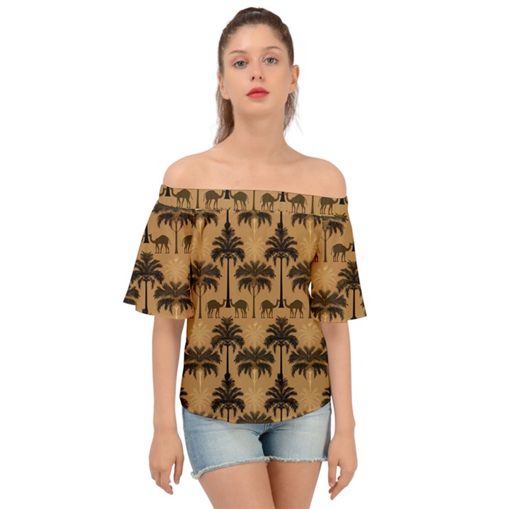 Ai Generated Camels Palm Trees Pattern Off Shoulder Short Sleeve Top