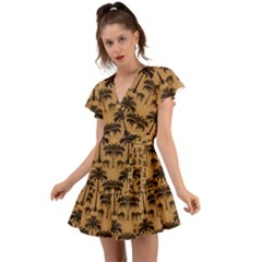 Ai Generated Camels Palm Trees Pattern Flutter Sleeve Wrap Dress by Ravend