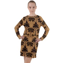 Ai Generated Camels Palm Trees Pattern Long Sleeve Hoodie Dress by Ravend